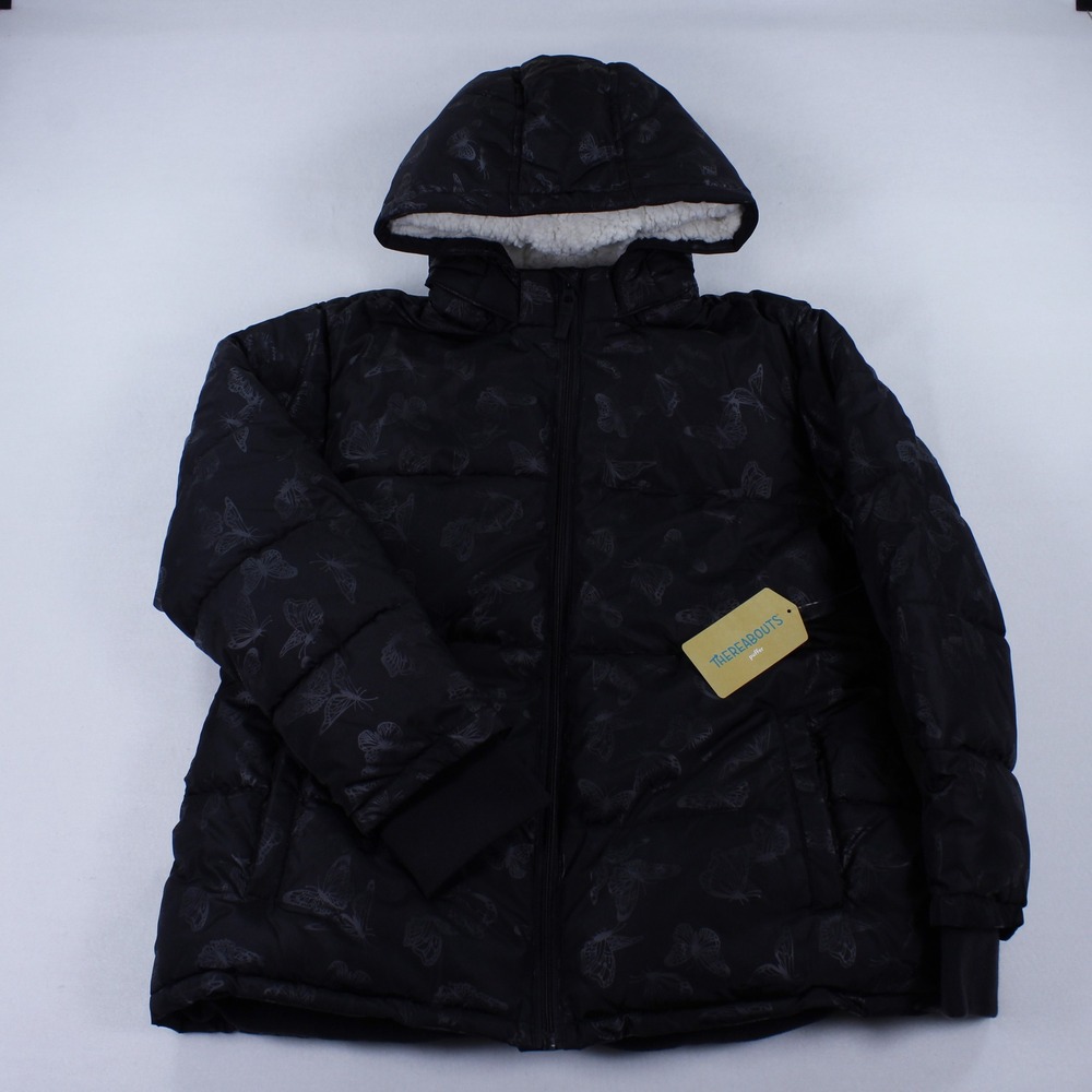 NWT Thereabouts Girls Black Butterfly Puffer Jacket XL 18.5 Plus